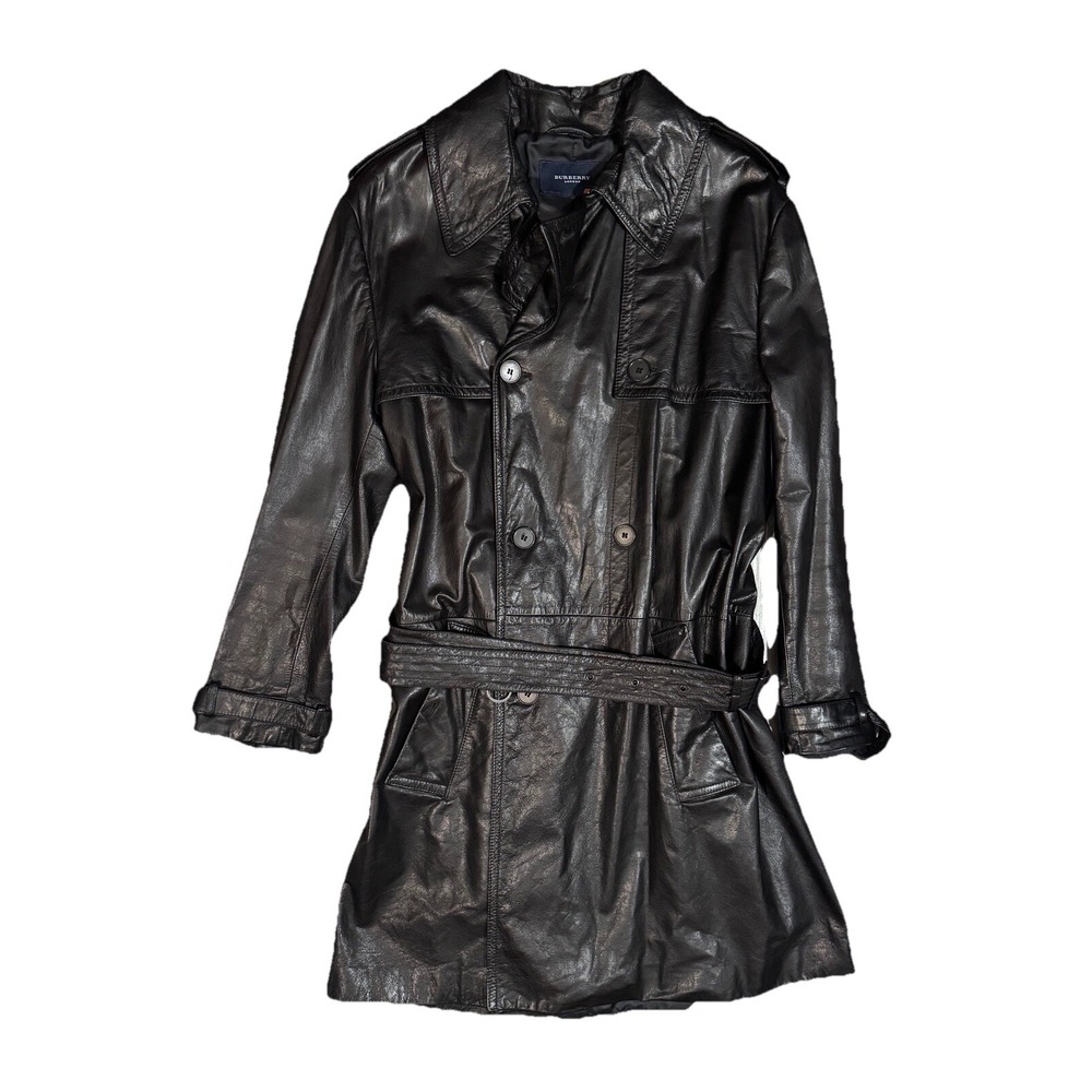 Burberry London Black Leather Trench Coat Womens Size 54 Italy